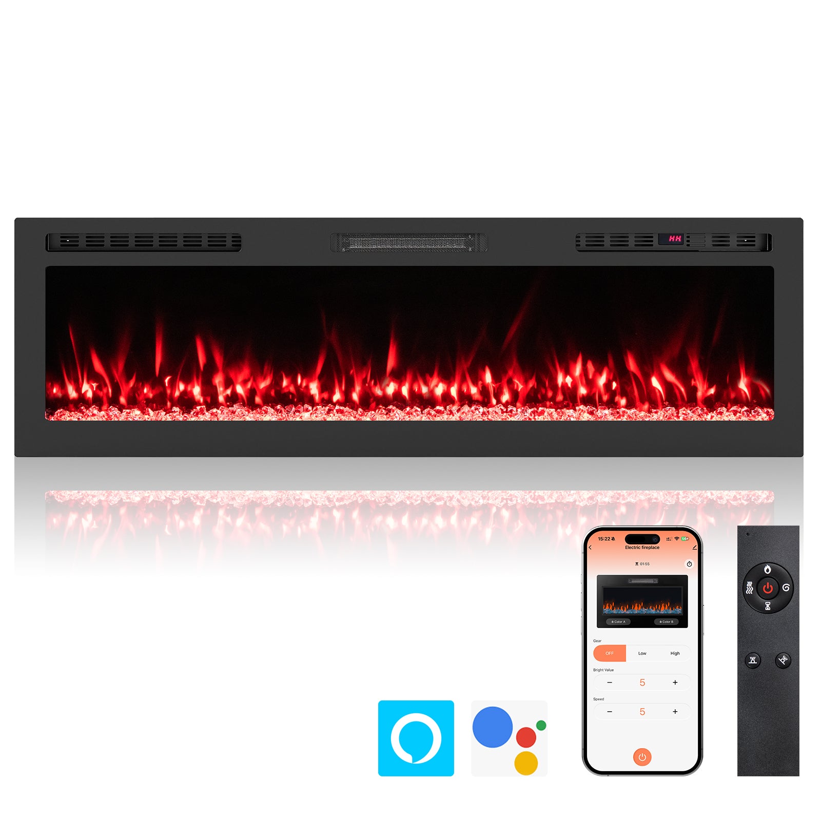 Smart WiFi Electric Fireplace Wall Mounted & Recessed 750W/1500W Heater-60 Inch