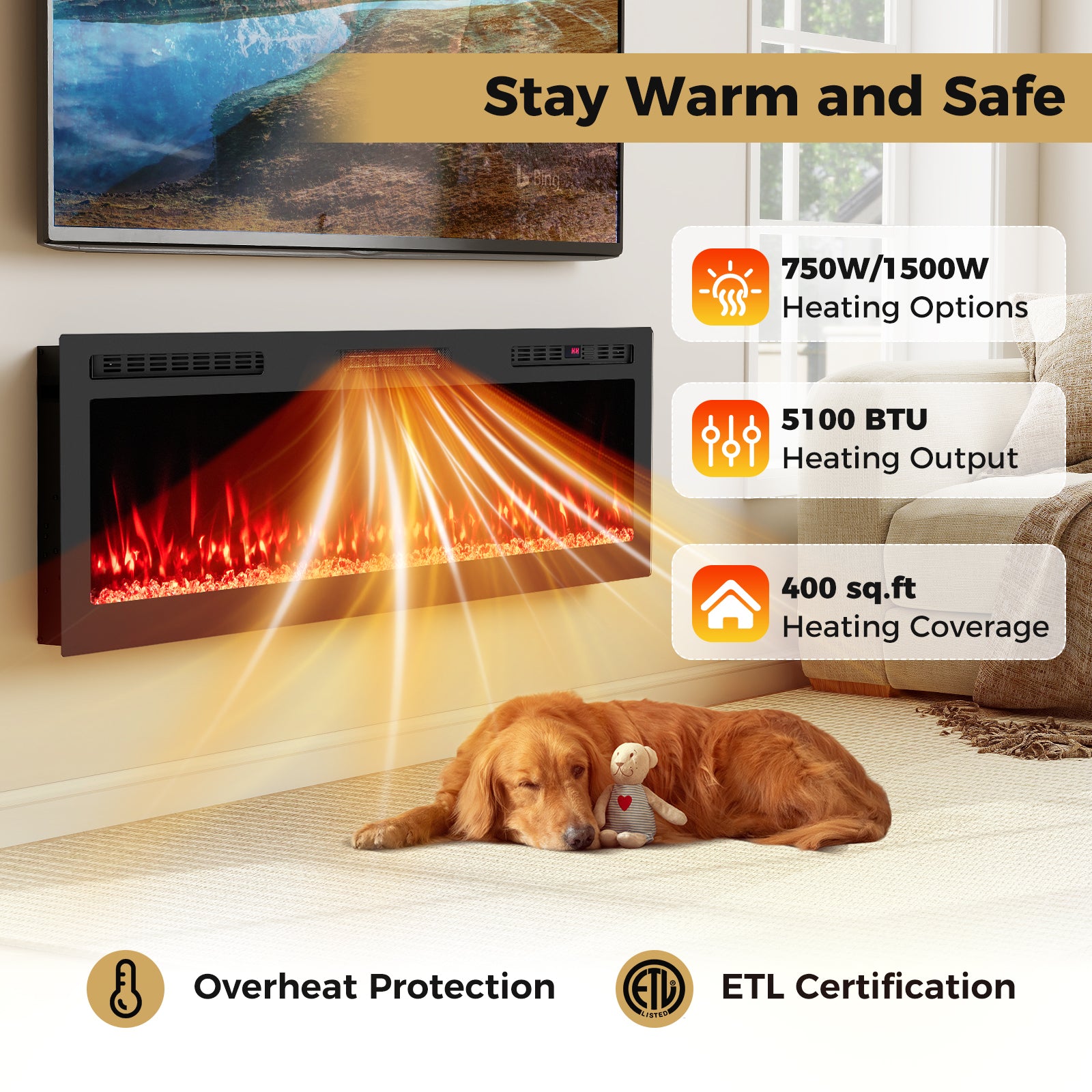 Smart WiFi Electric Fireplace Wall Mounted & Recessed 750W/1500W Heater-60 Inch