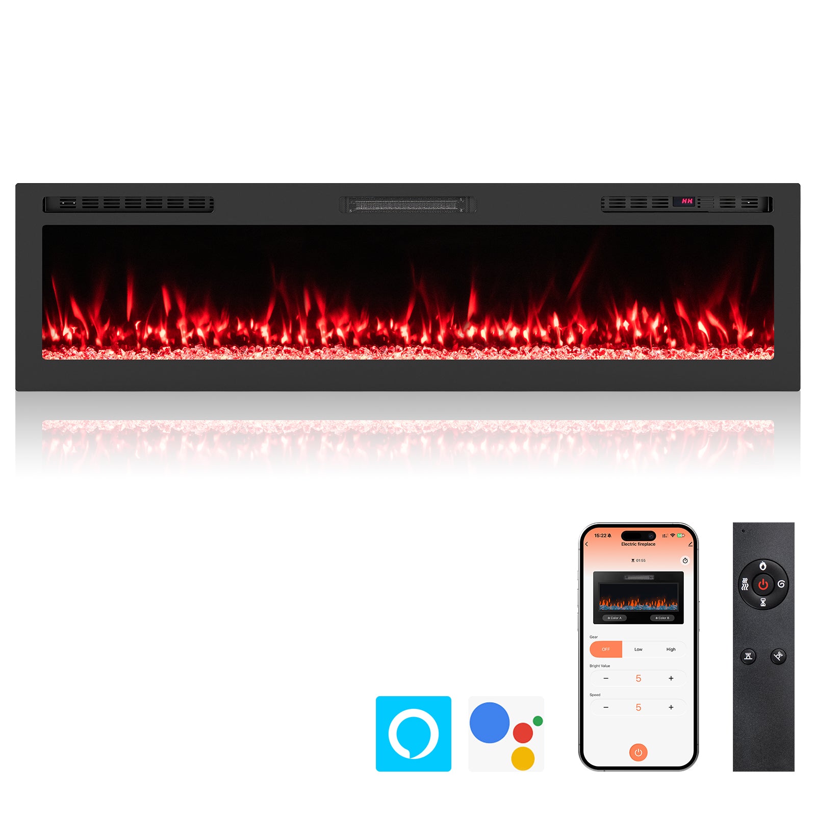 Smart WiFi Electric Fireplace Wall Mounted & Recessed 750W/1500W Heater-68 Inch