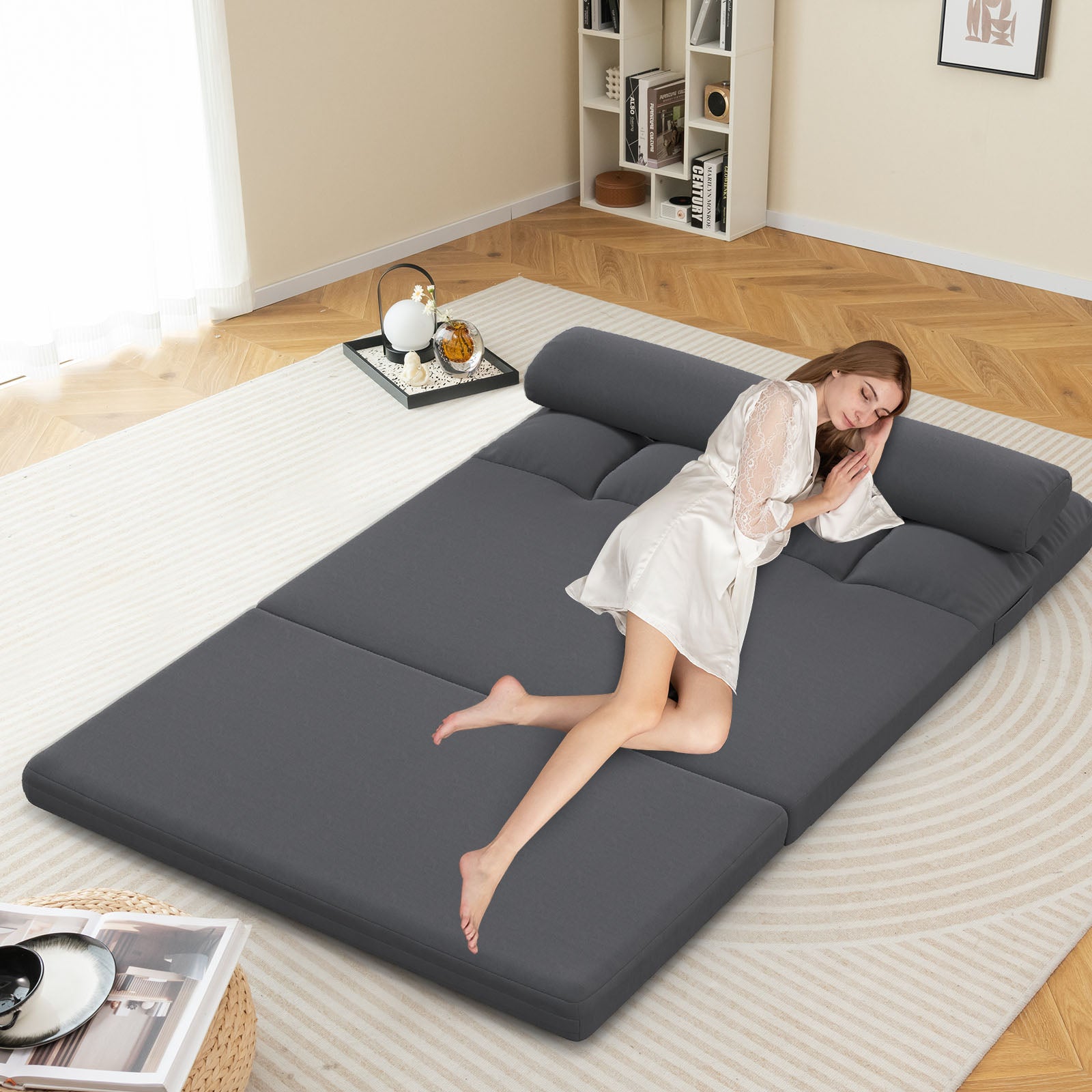 Floor Sofa Bed with 6 Positions Adjustable Backrest Skin-friendly Velvet Cover-Dark Gray