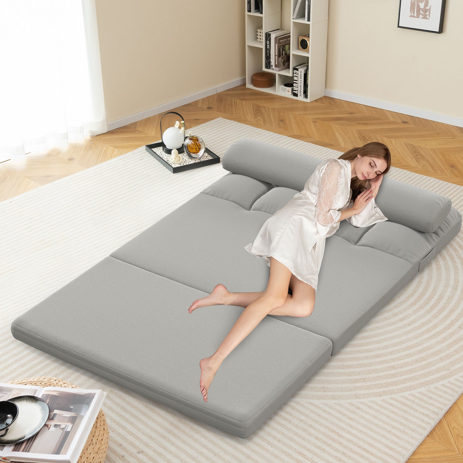 Floor Sofa Bed with 6 Positions Adjustable Backrest Skin-friendly Velvet Cover-Light Gray