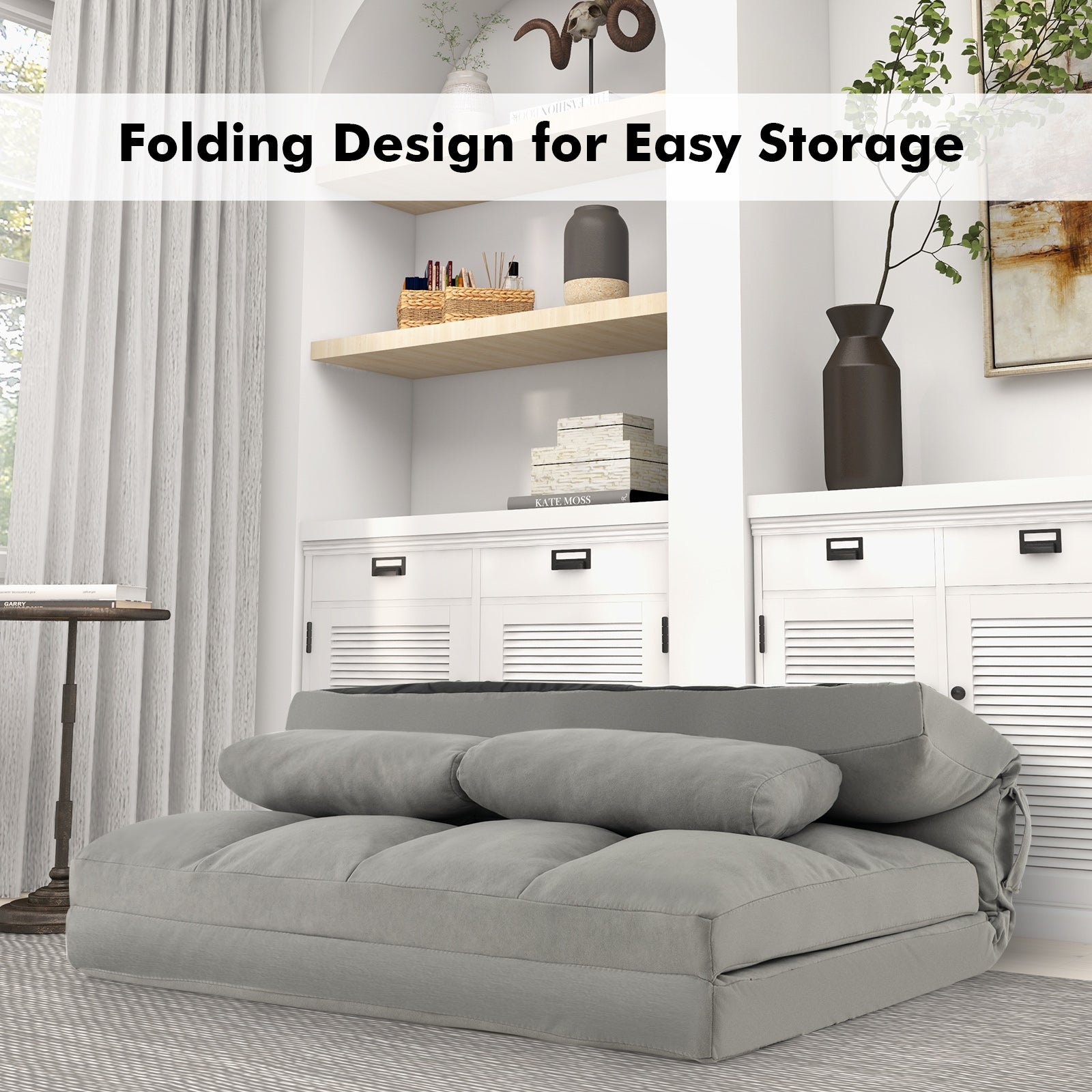 Floor Sofa Bed with 6 Positions Adjustable Backrest Skin-friendly Velvet Cover-Light Gray