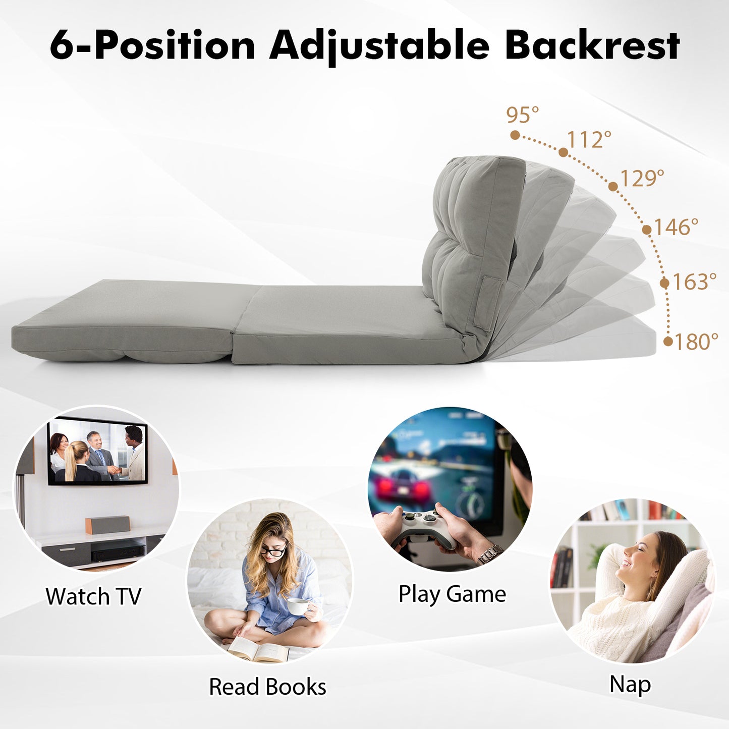 Floor Sofa Bed with 6 Positions Adjustable Backrest Skin-friendly Velvet Cover-Light Gray