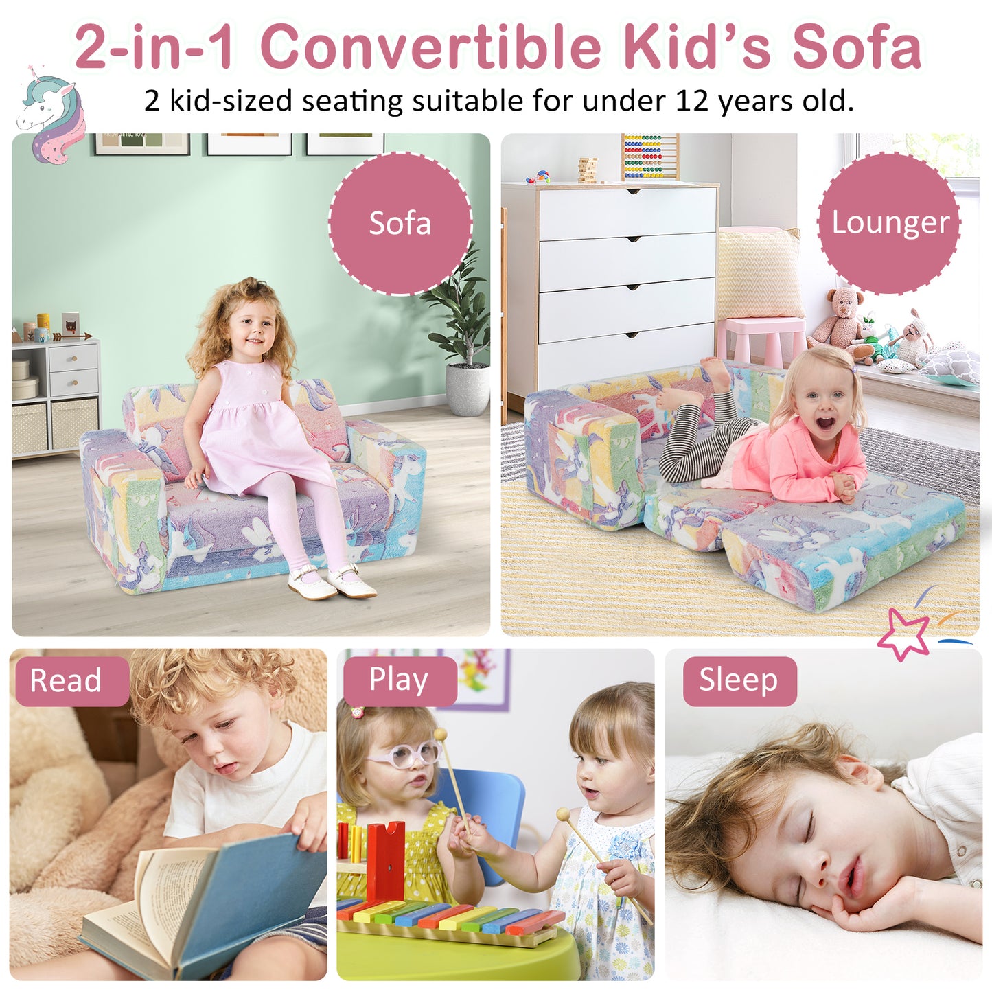 2-in-1 Flip Out Kids Sofa Chair with Detachable Flannel Fabric Cover and Glowing Patterns-Color
