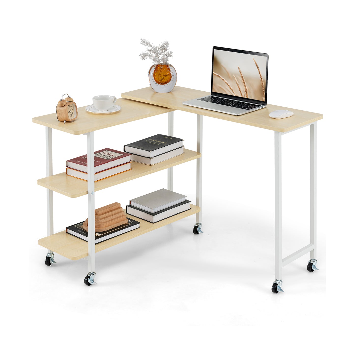 360° Rotating Sofa Side Table with 2-Tier Storage Shelves-Natural - Natural