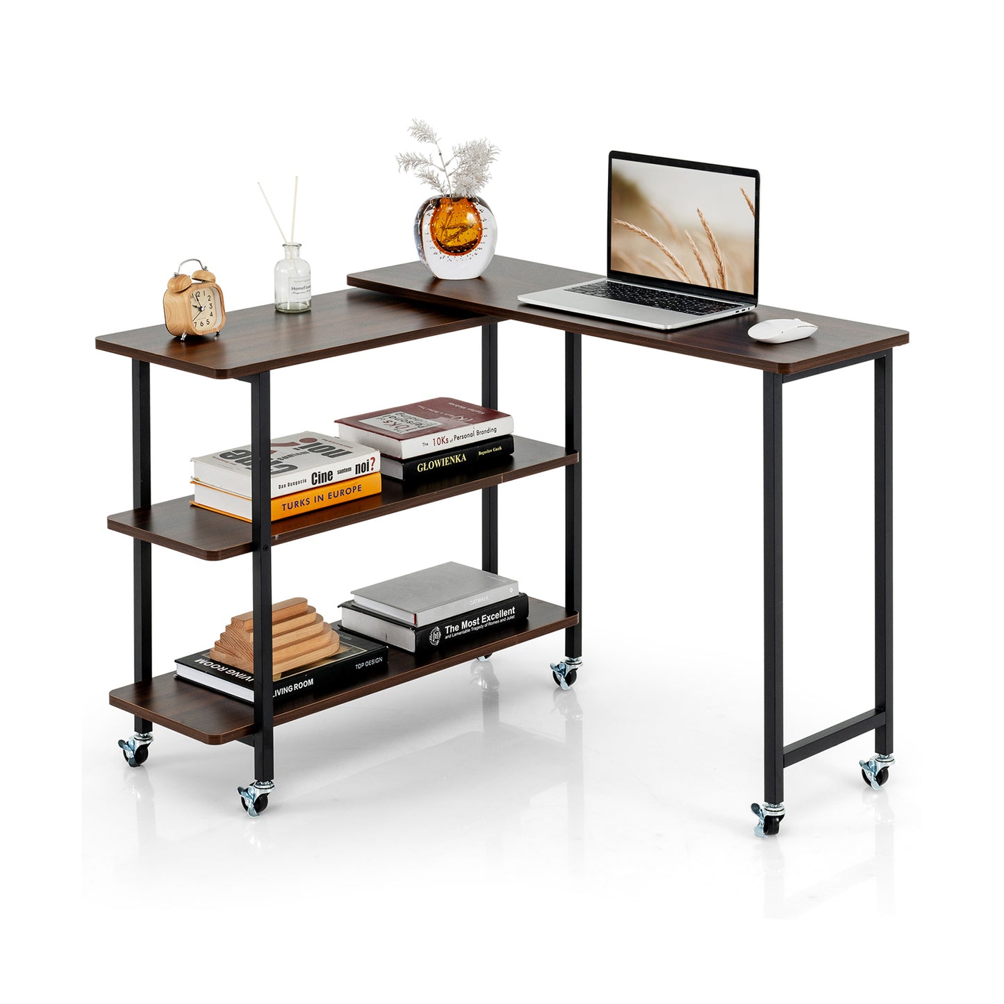 360° Rotating Sofa Side Table with 2-Tier Storage Shelves-Natural - Walnut