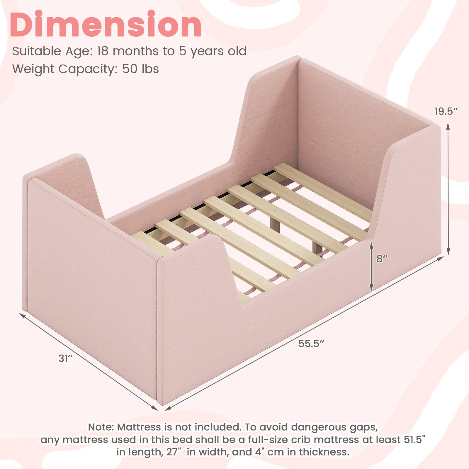 Soft Velvet Fabric Toddler Bed Frame with Safety Rails-Pink
