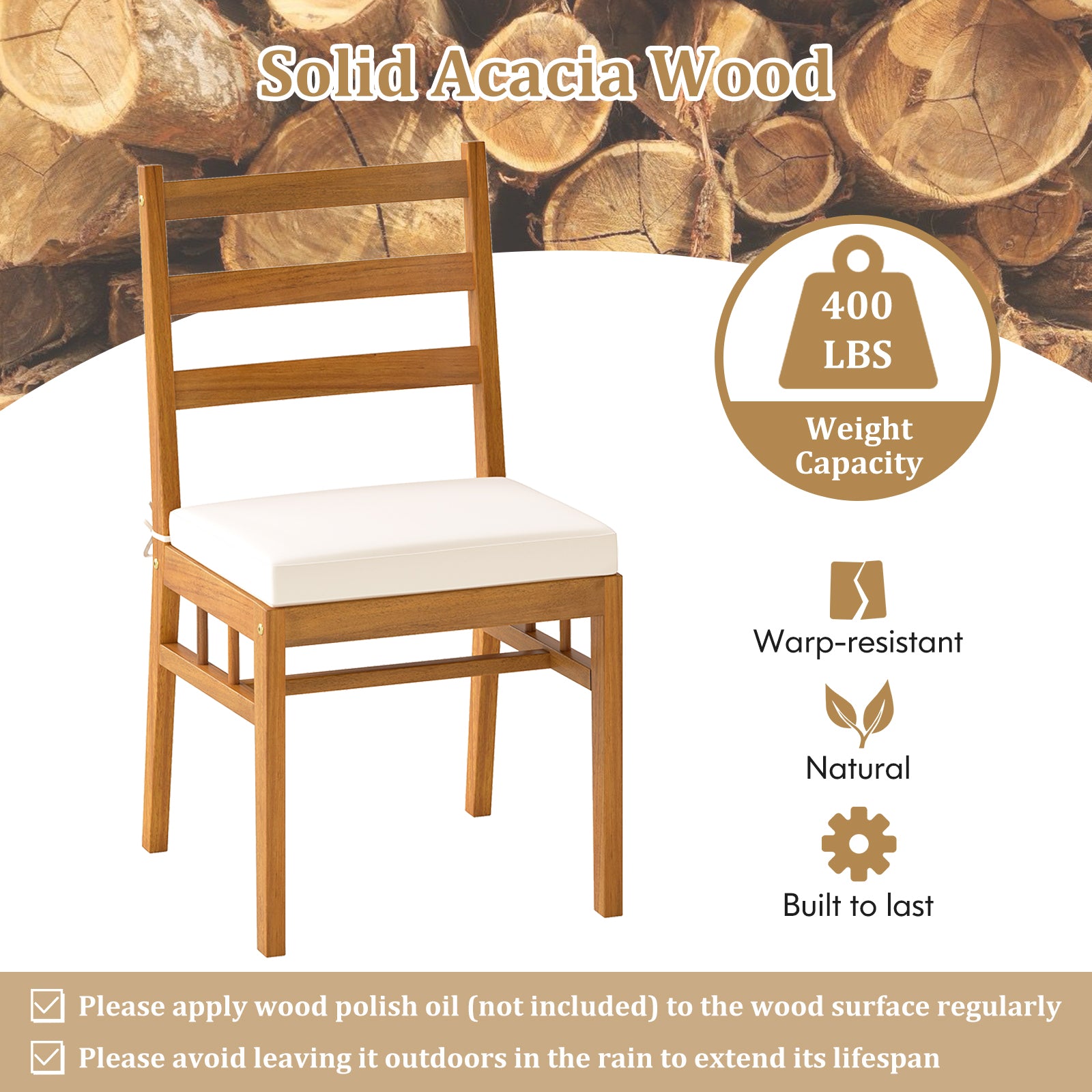 Solid Acacia Wood Patio Chair Set of 2 Armless Chair-White