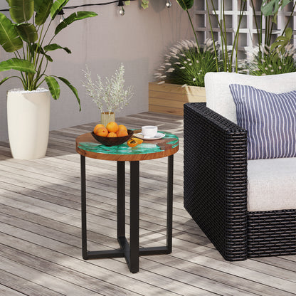 Solid Live Edge Round Teak Wood Outdoor End Table with Epoxy Resin Tabletop
