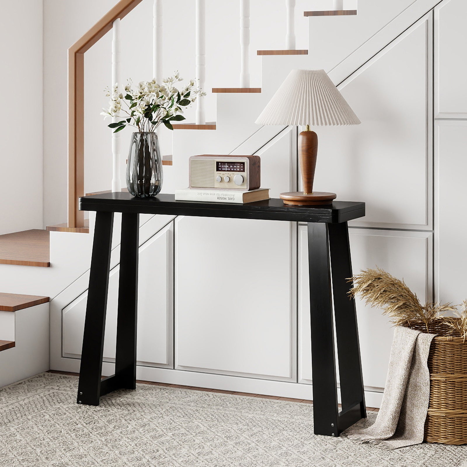 Solid Rubber Wood Console Table 43inch Narrow Entryway Table with Thick Tabletop and Stable Base-Black