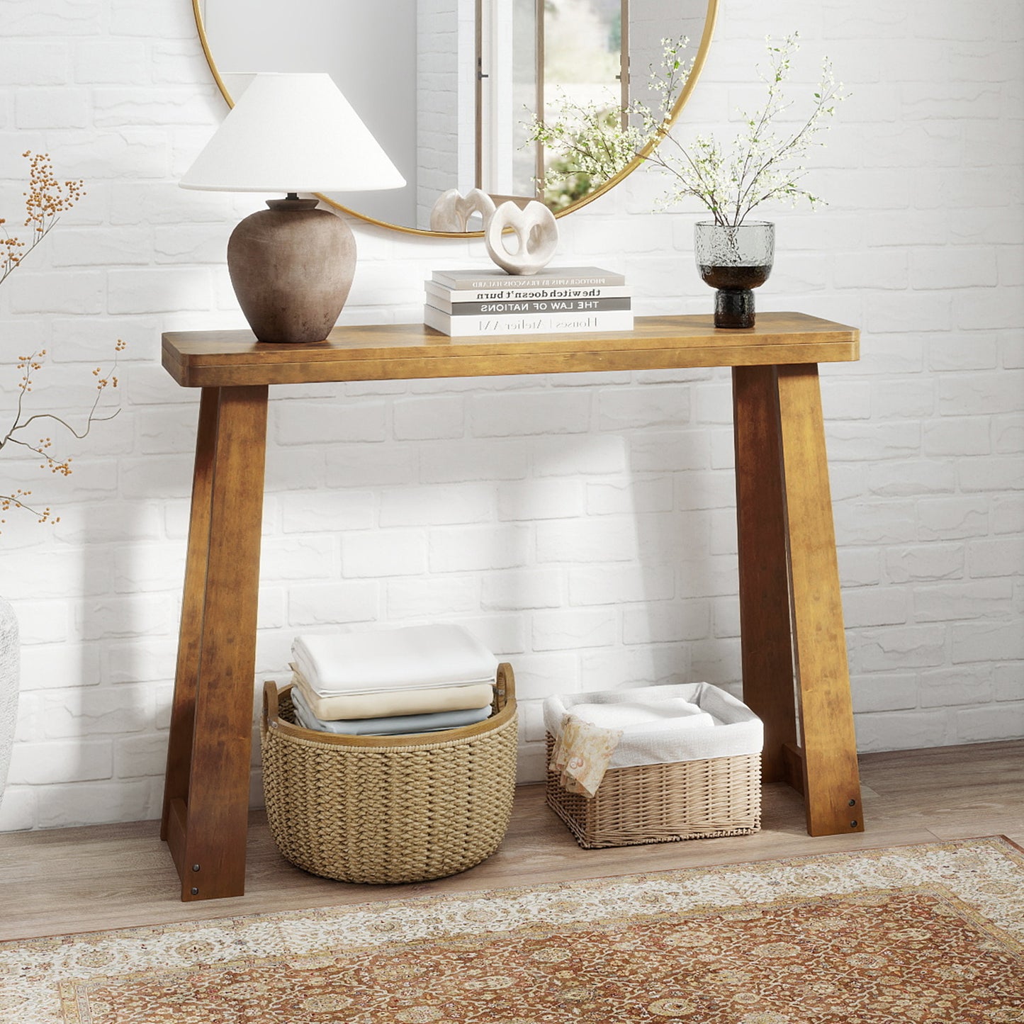 Solid Rubber Wood Console Table 43inch Narrow Entryway Table with Thick Tabletop and Stable Base-Walnut