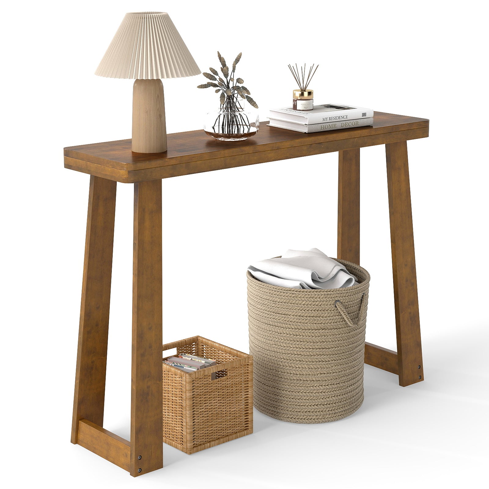 Solid Rubber Wood Console Table 43inch Narrow Entryway Table with Thick Tabletop and Stable Base-Walnut