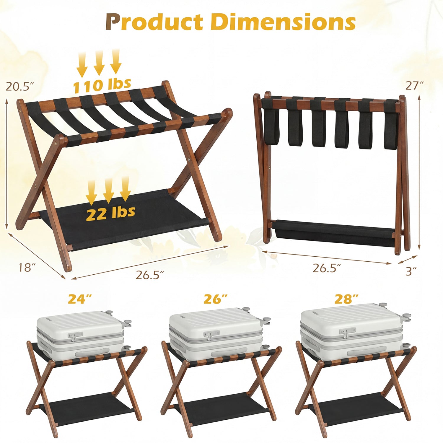 Solid Rubberwood Folding Luggage Rack with Nylon Shelves