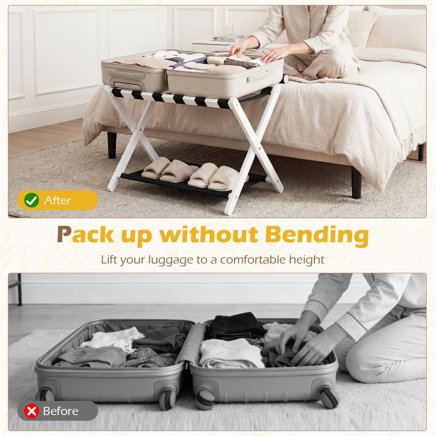 Solid Rubberwood Folding Luggage Rack with Nylon Shelves