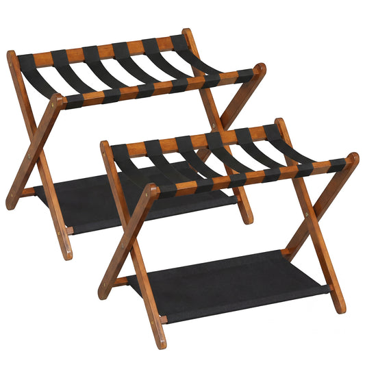 Solid Rubberwood Folding Luggage Rack with Nylon Shelves Set of 2