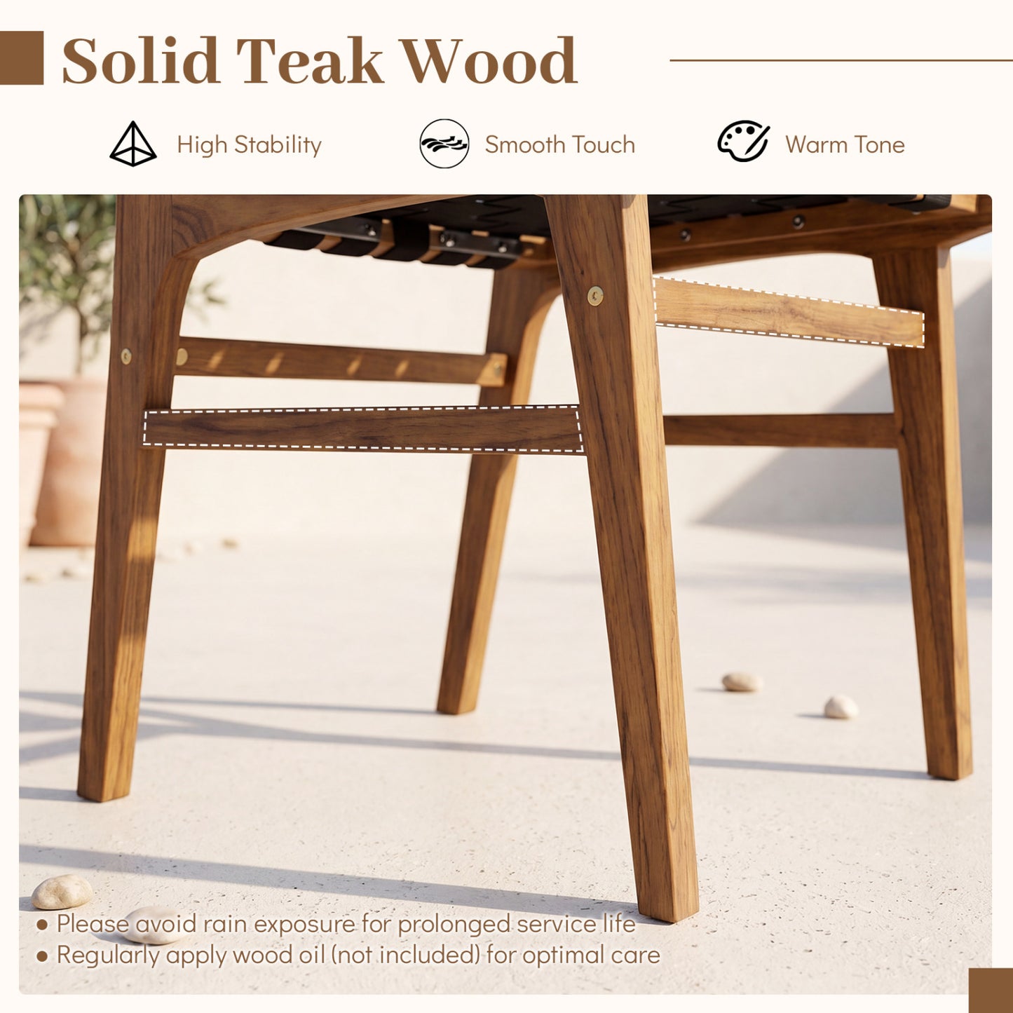 Teak Wood Outdoor Dining Chair with Woven Strap Back