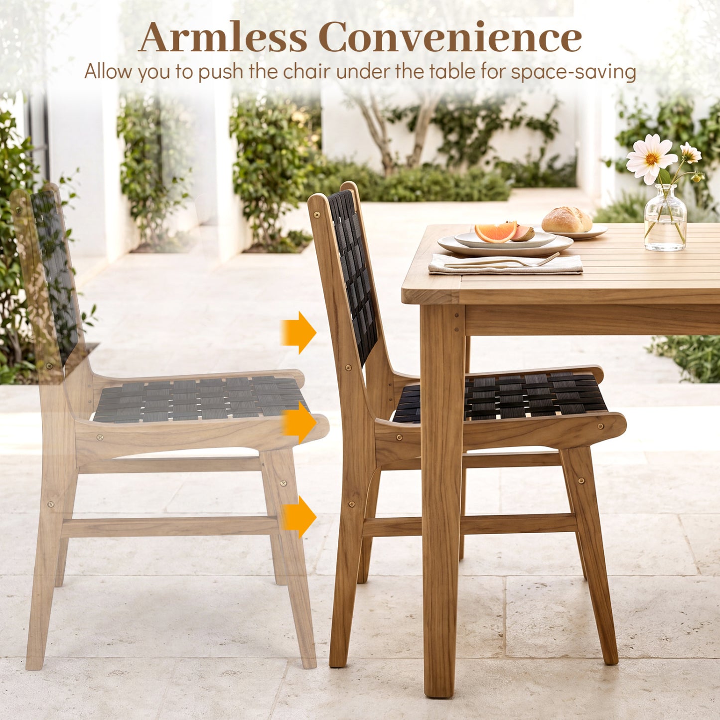 Teak Wood Outdoor Dining Chair with Woven Strap Back