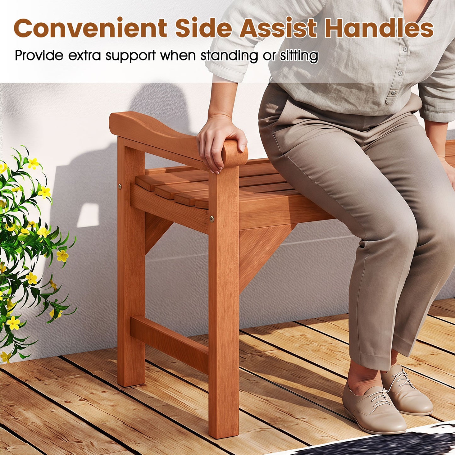 Solid Wood Backless Garden Bench with Support Handles