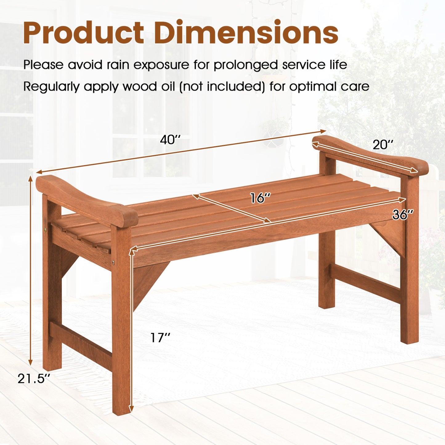 Solid Wood Backless Garden Bench with Support Handles