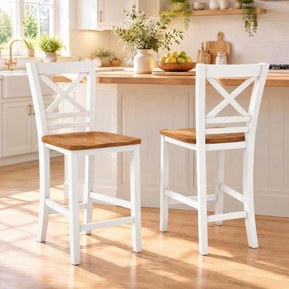 Solid Wood Bar Stools Set of 2 with Rubber Wood Frame and Cross Backrest for Home-White