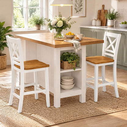 Solid Wood Bar Stools Set of 2 with Rubber Wood Frame and Cross Backrest for Home-White