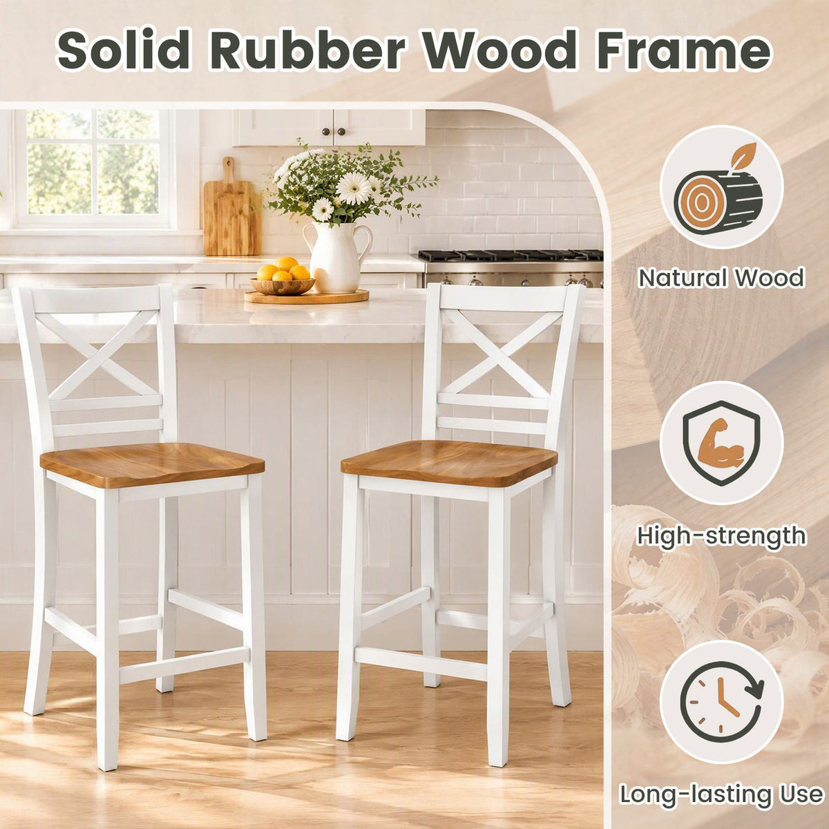 Solid Wood Bar Stools Set of 2 with Rubber Wood Frame and Cross Backrest for Home-White