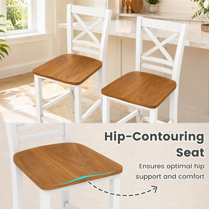 Solid Wood Bar Stools Set of 2 with Rubber Wood Frame and Cross Backrest for Home-White