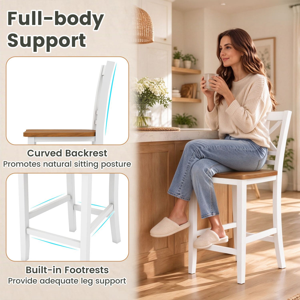 Solid Wood Bar Stools Set of 2 with Rubber Wood Frame and Cross Backrest for Home-White