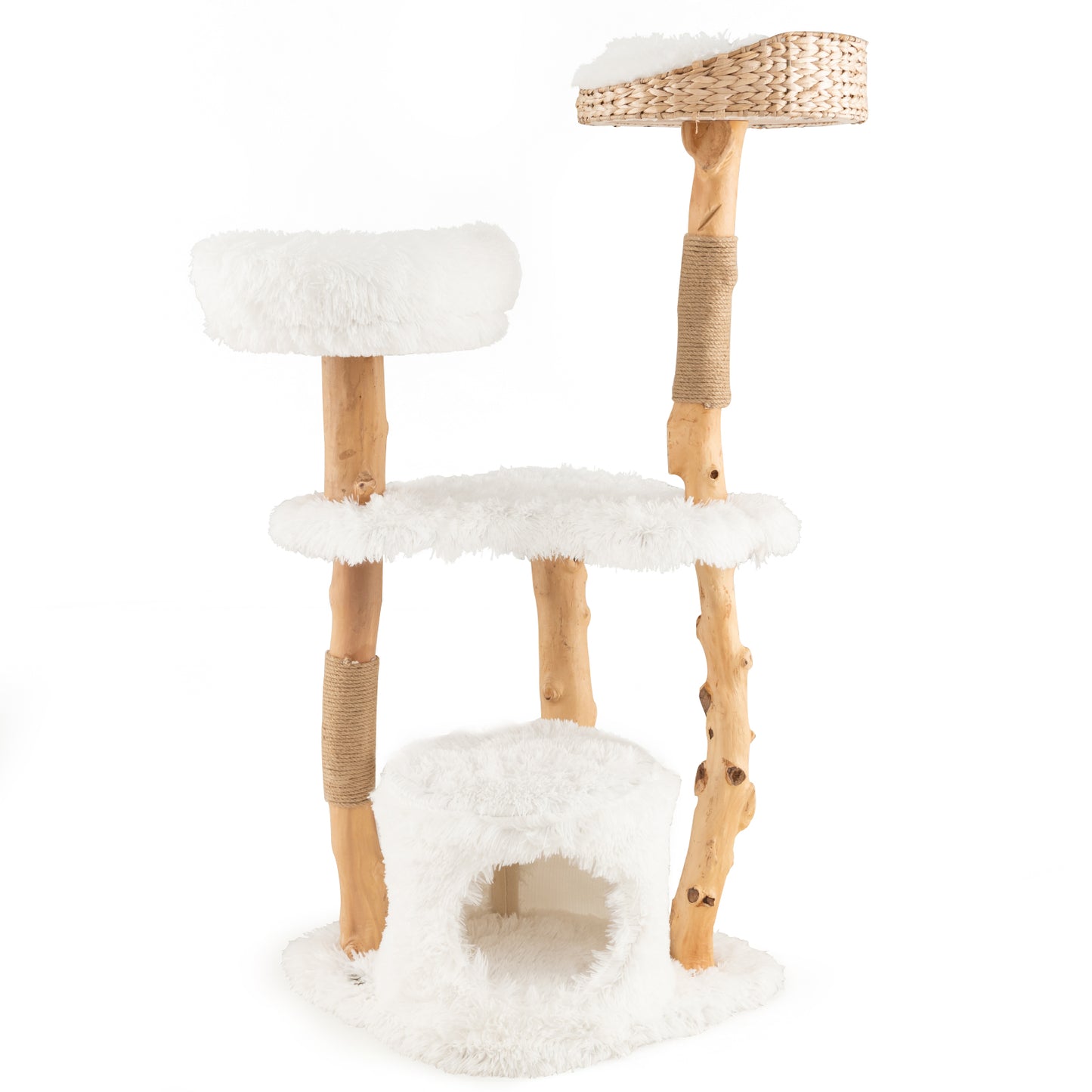 Solid Wood Cat Tower with Top Cattail Basket Cat Bed-Gray - White