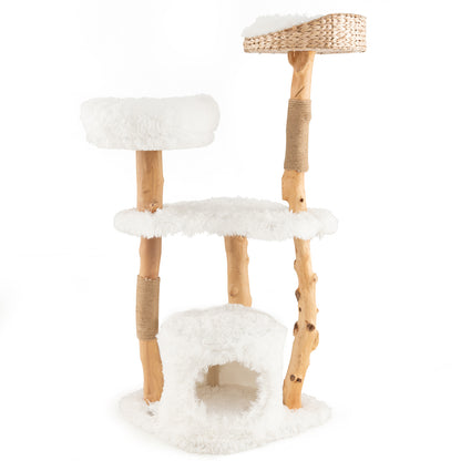 Solid Wood Cat Tower with Top Cattail Basket Cat Bed-Gray - White
