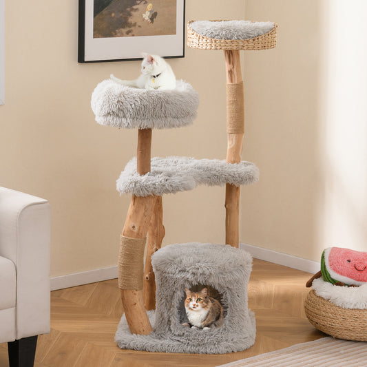 Solid Wood Cat Tower with Top Cattail Basket Cat Bed