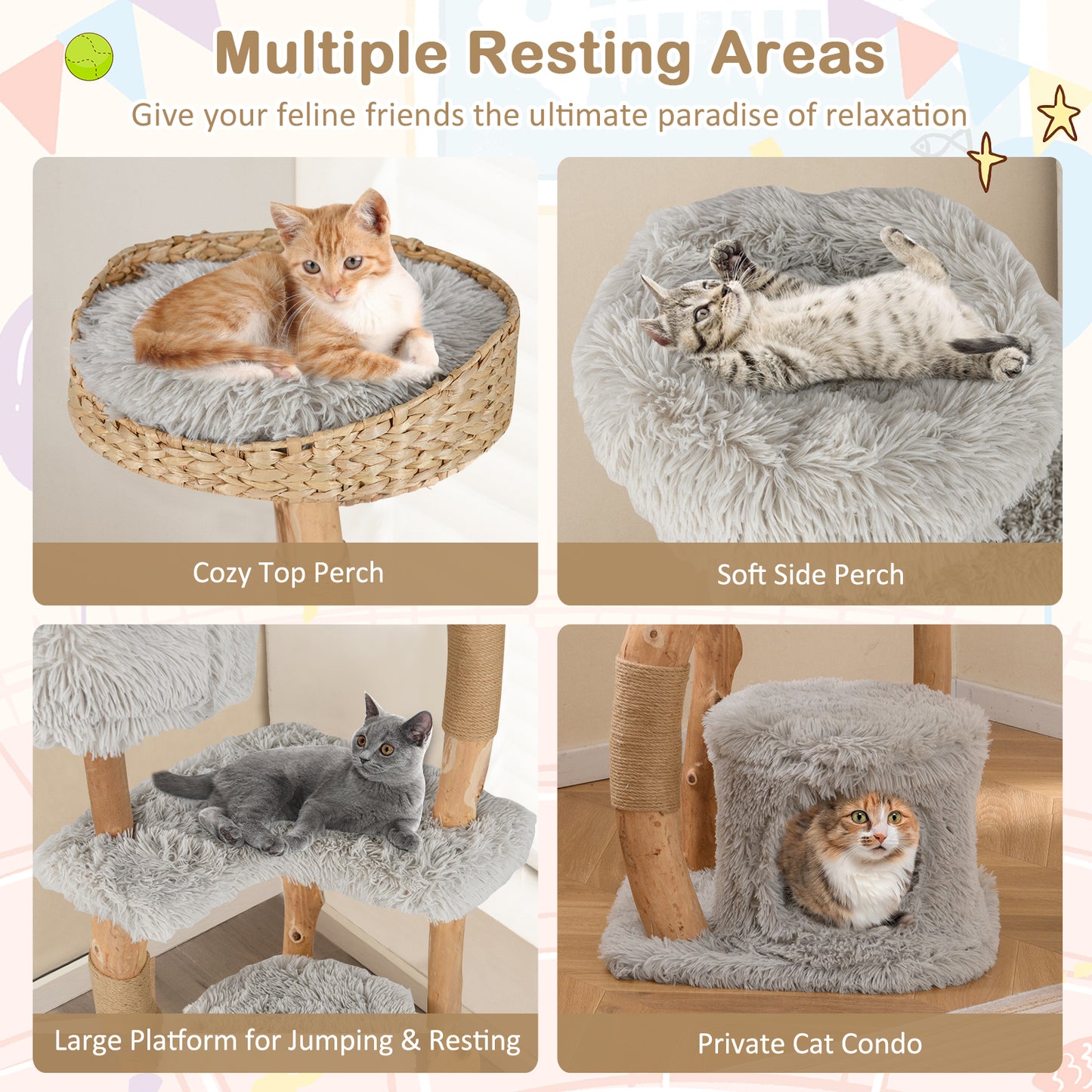 Solid Wood Cat Tower with Top Cattail Basket Cat Bed