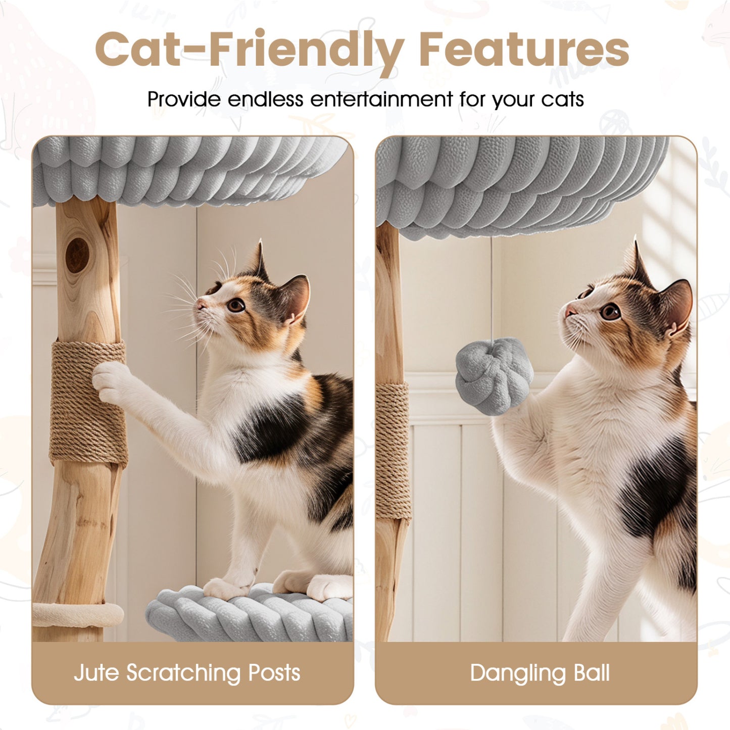 Solid Wood Cat Tree 41" with Real Branches & Cozy Bed