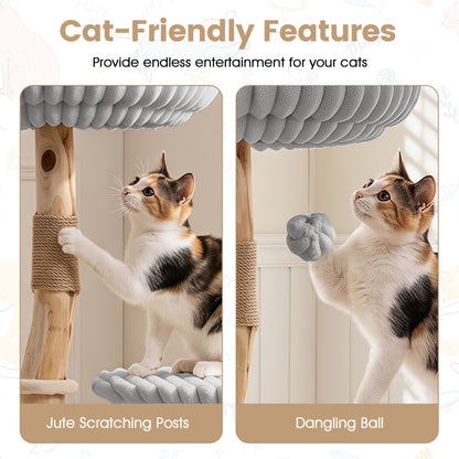Solid Wood Cat Tree 41" with Real Branches & Cozy Bed