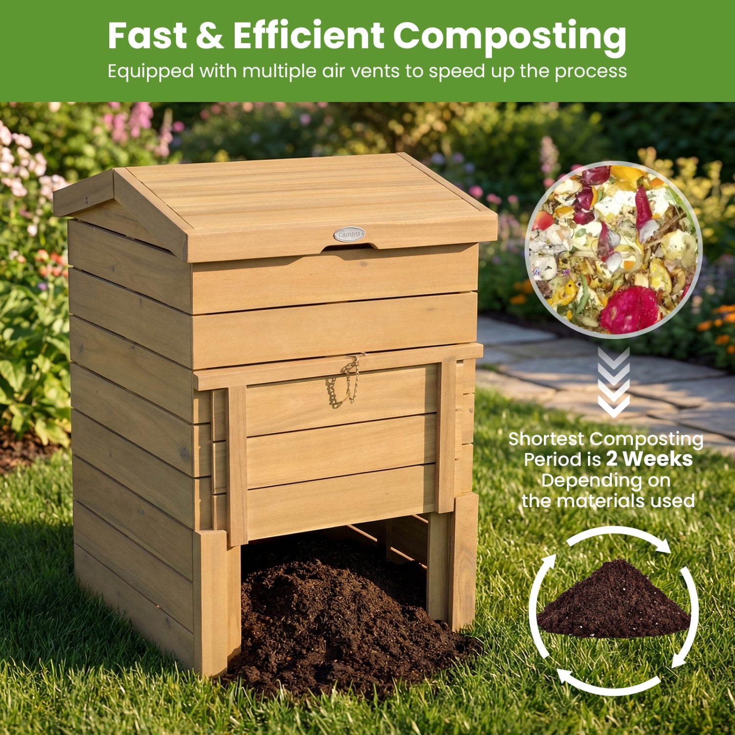 Solid Wood Compost Bin with Lockable Sliding Door and Flip