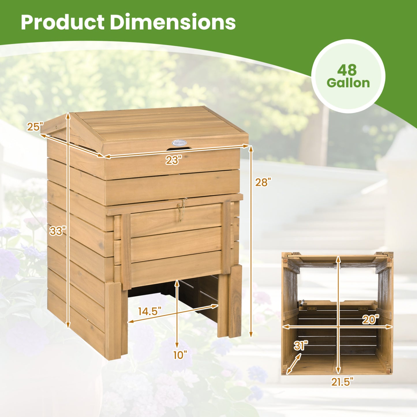Solid Wood Compost Bin with Lockable Sliding Door and Flip