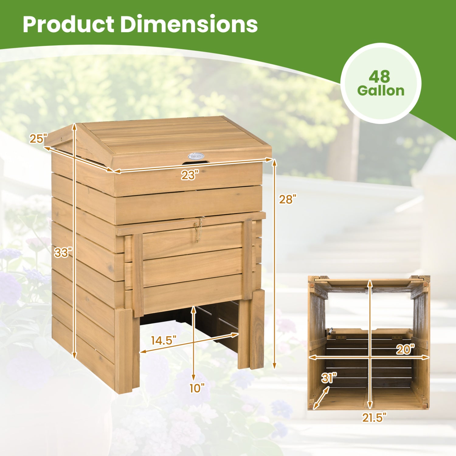Solid Wood Compost Bin with Lockable Sliding Door and Flip