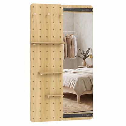 Full Length Wall Mirror with Sliding Pegboard & Shelves