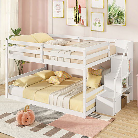 Solid Wood Full Over Full Low Bunk Bed with Storage Stairs