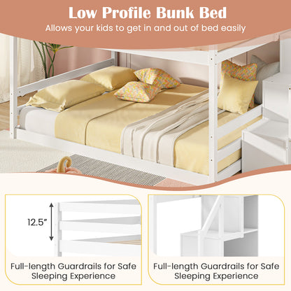 Solid Wood Full Over Full Low Bunk Bed with Storage Stairs