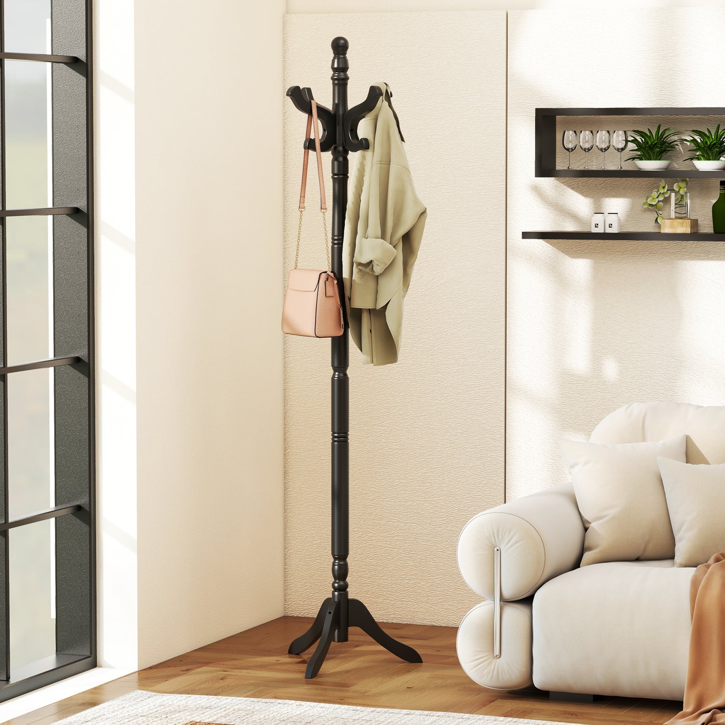 Solid Wood Hall Tree with 11 Hooks and 3 Height Options for Entryway-Black