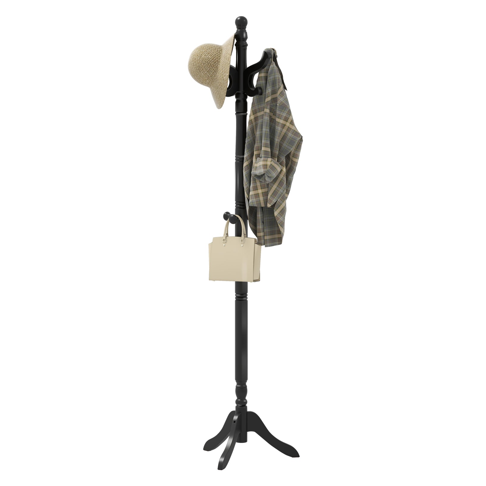 Solid Wood Hall Tree with 11 Hooks and 3 Height Options for Entryway-Black