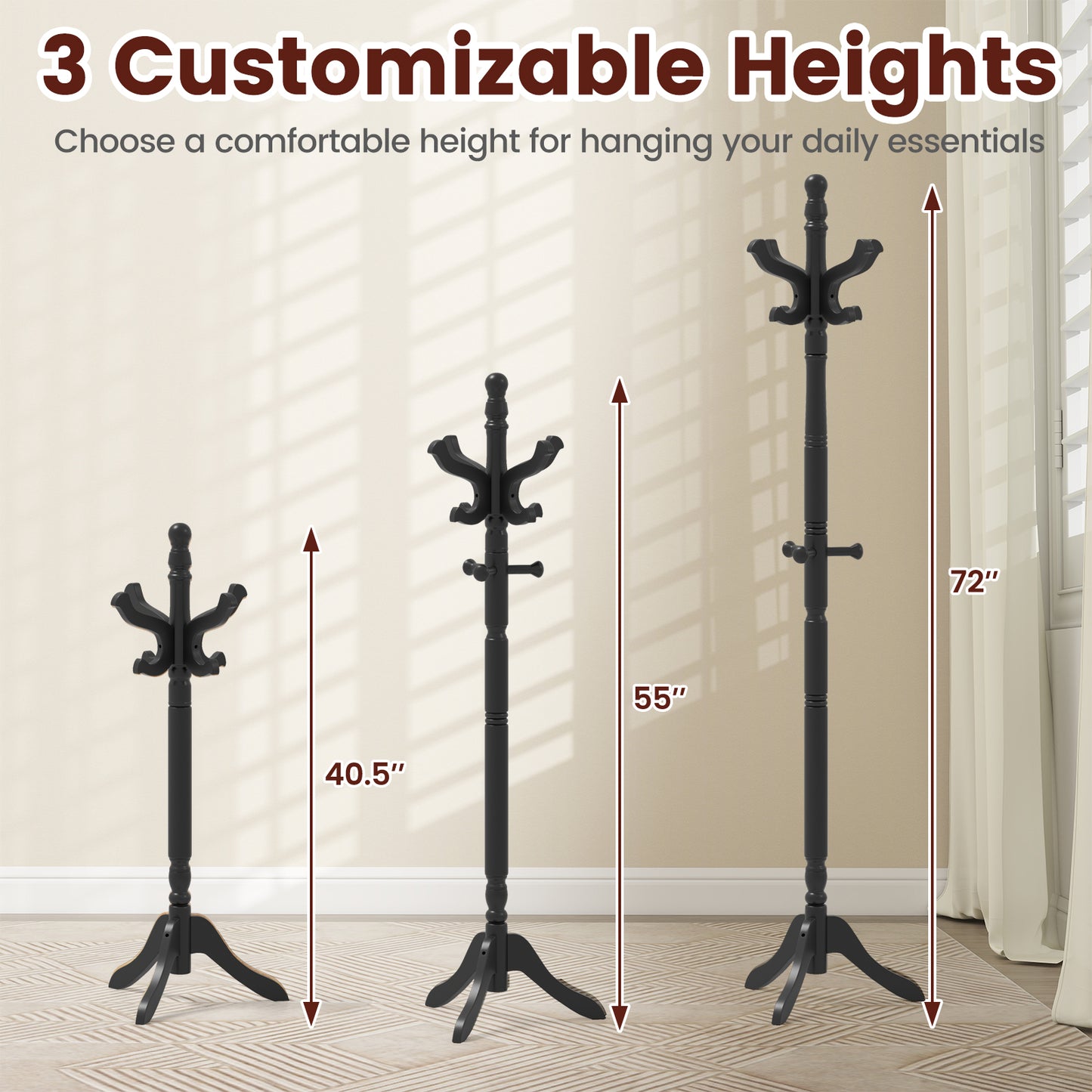 Solid Wood Hall Tree with 11 Hooks and 3 Height Options for Entryway-Black