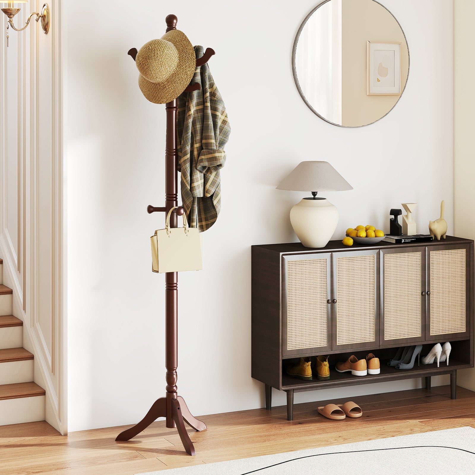 Solid Wood Hall Tree with 11 Hooks and 3 Height Options for Entryway-Brown