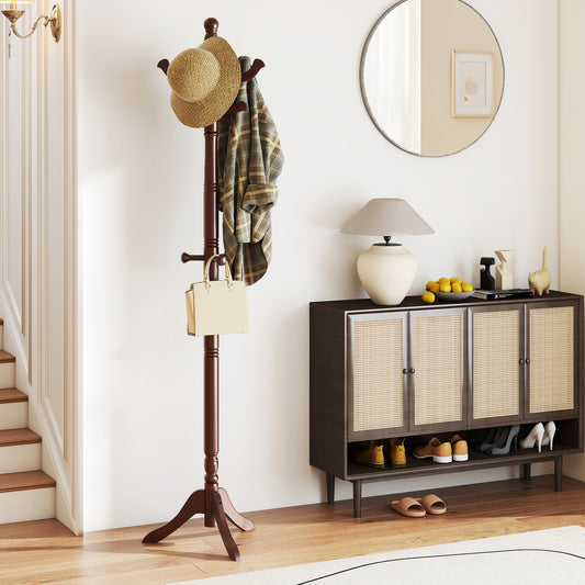 Solid Wood Hall Tree with 11 Hooks and 3 Height Options for Entryway-Brown