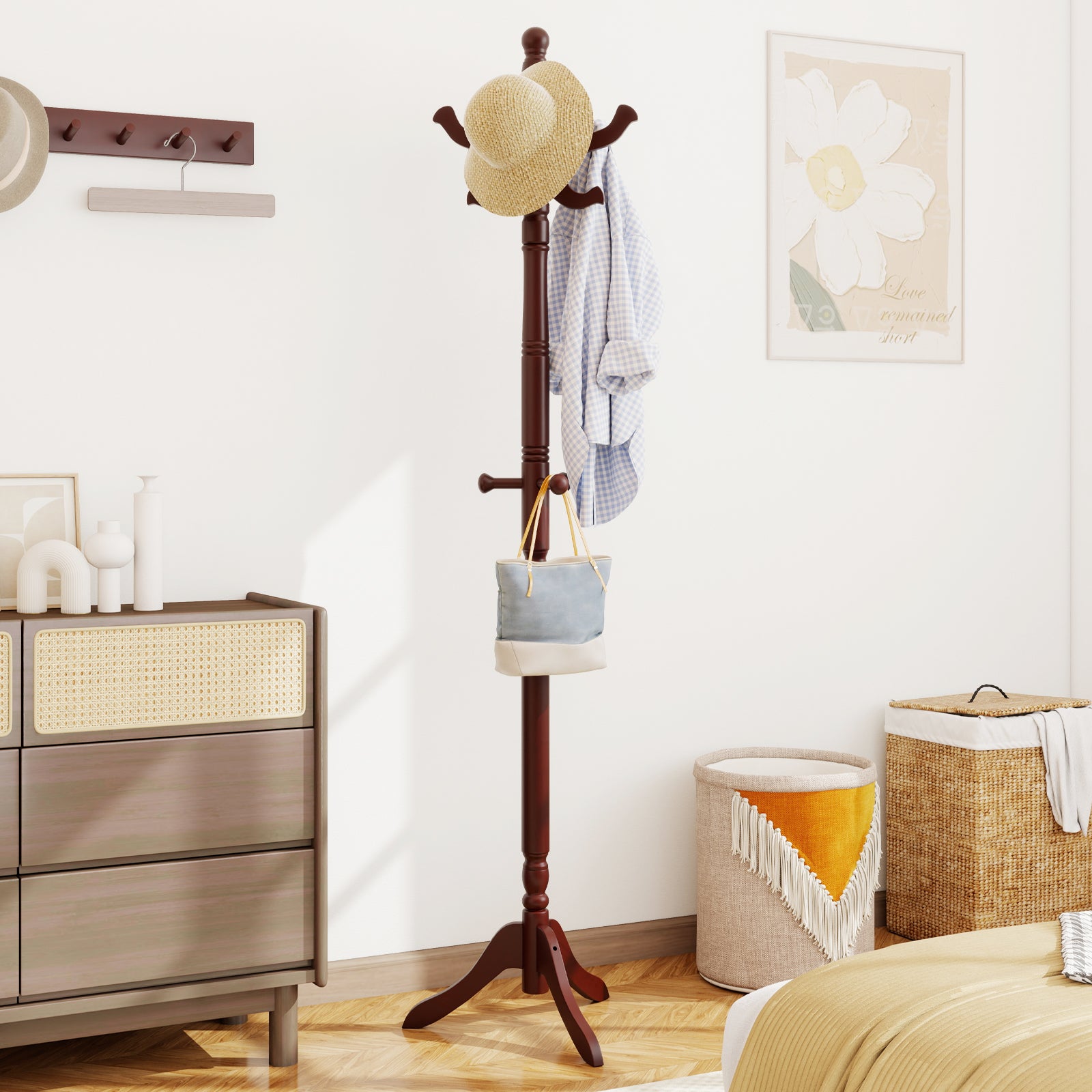 Solid Wood Hall Tree with 11 Hooks and 3 Height Options for Entryway-Brown