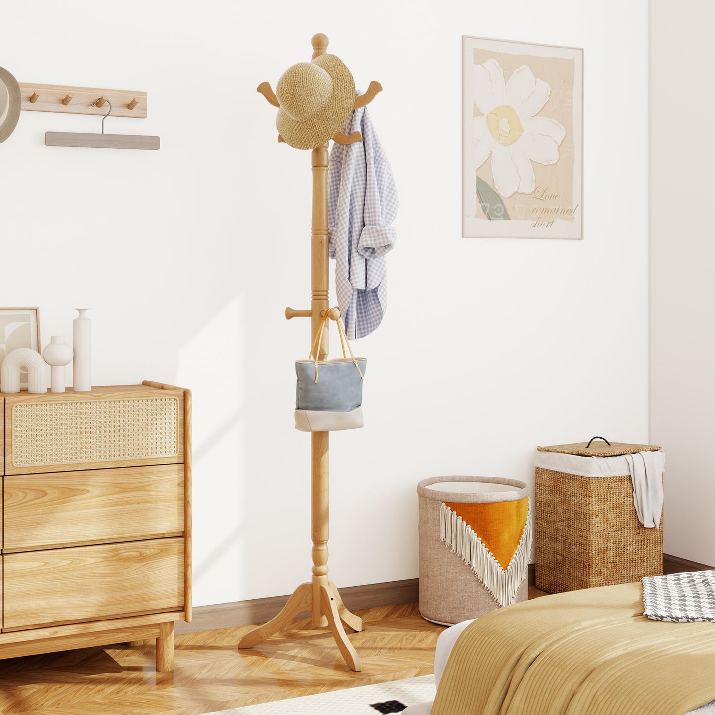 Solid Wood Hall Tree with 11 Hooks and 3 Height Options for Entryway-Natural