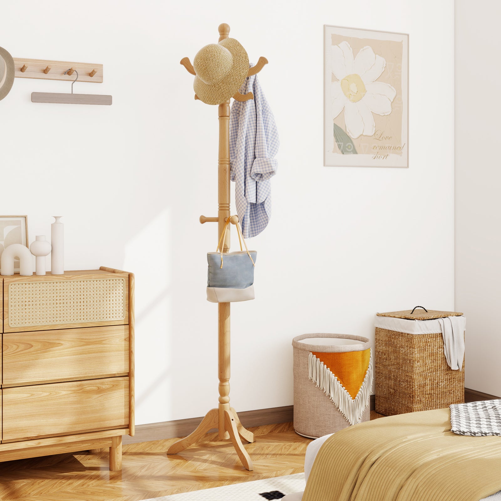 Solid Wood Hall Tree with 11 Hooks and 3 Height Options for Entryway-Natural