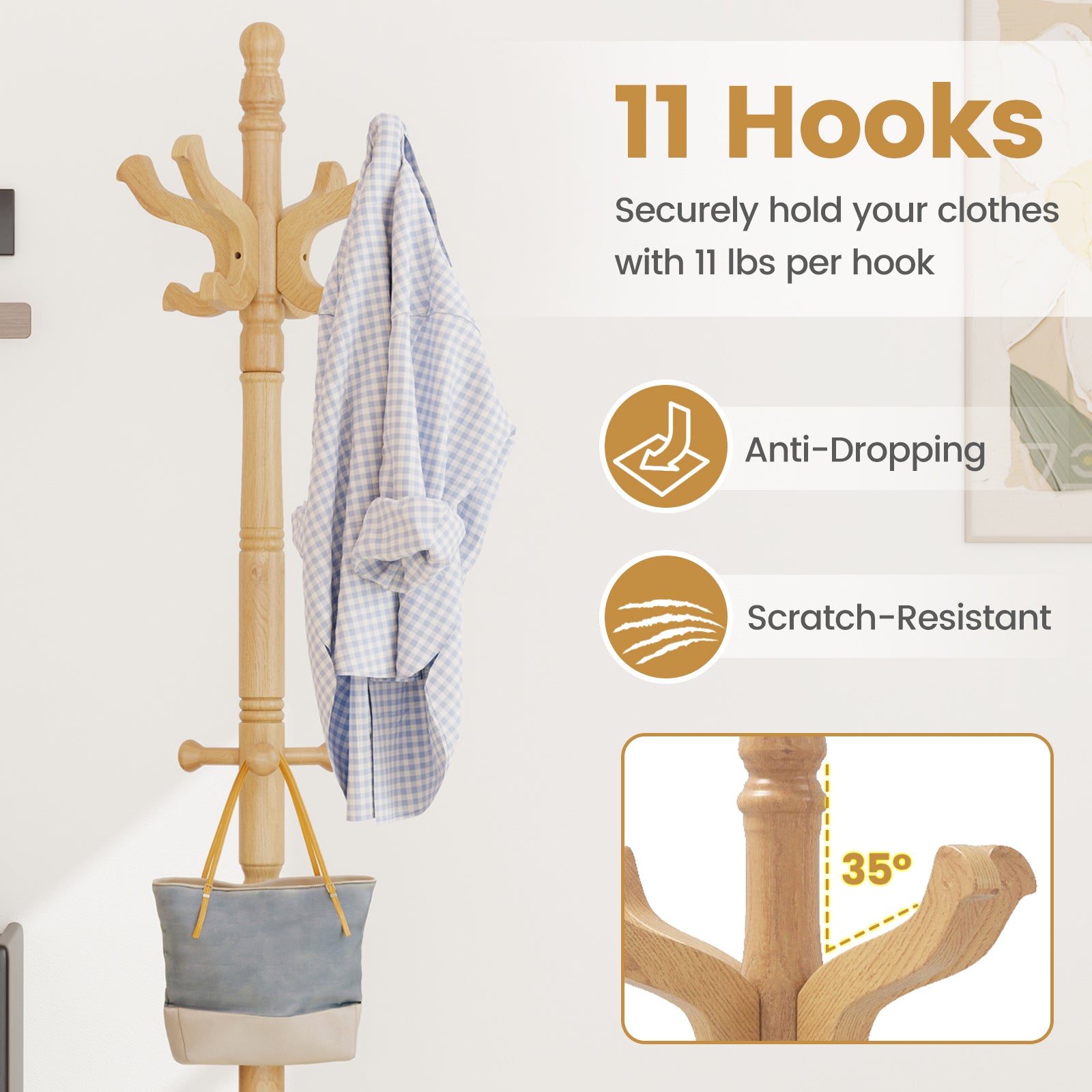 Solid Wood Hall Tree with 11 Hooks and 3 Height Options for Entryway-Natural