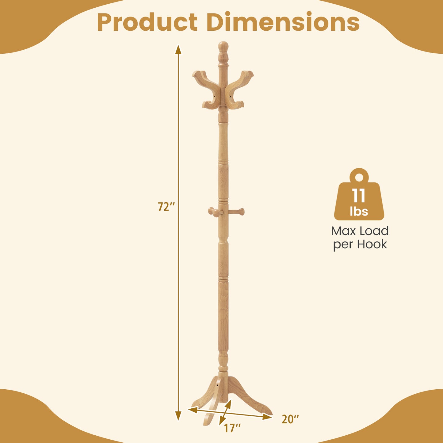 Solid Wood Hall Tree with 11 Hooks and 3 Height Options for Entryway-Natural